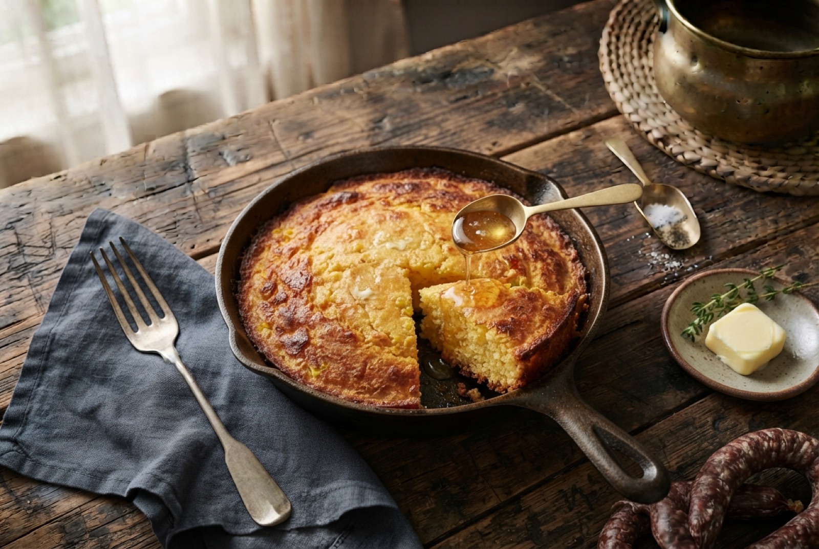 Golden cornbread baked in a black cast-iron skillet, cut into wedges with a crisp browned crust and steam rising