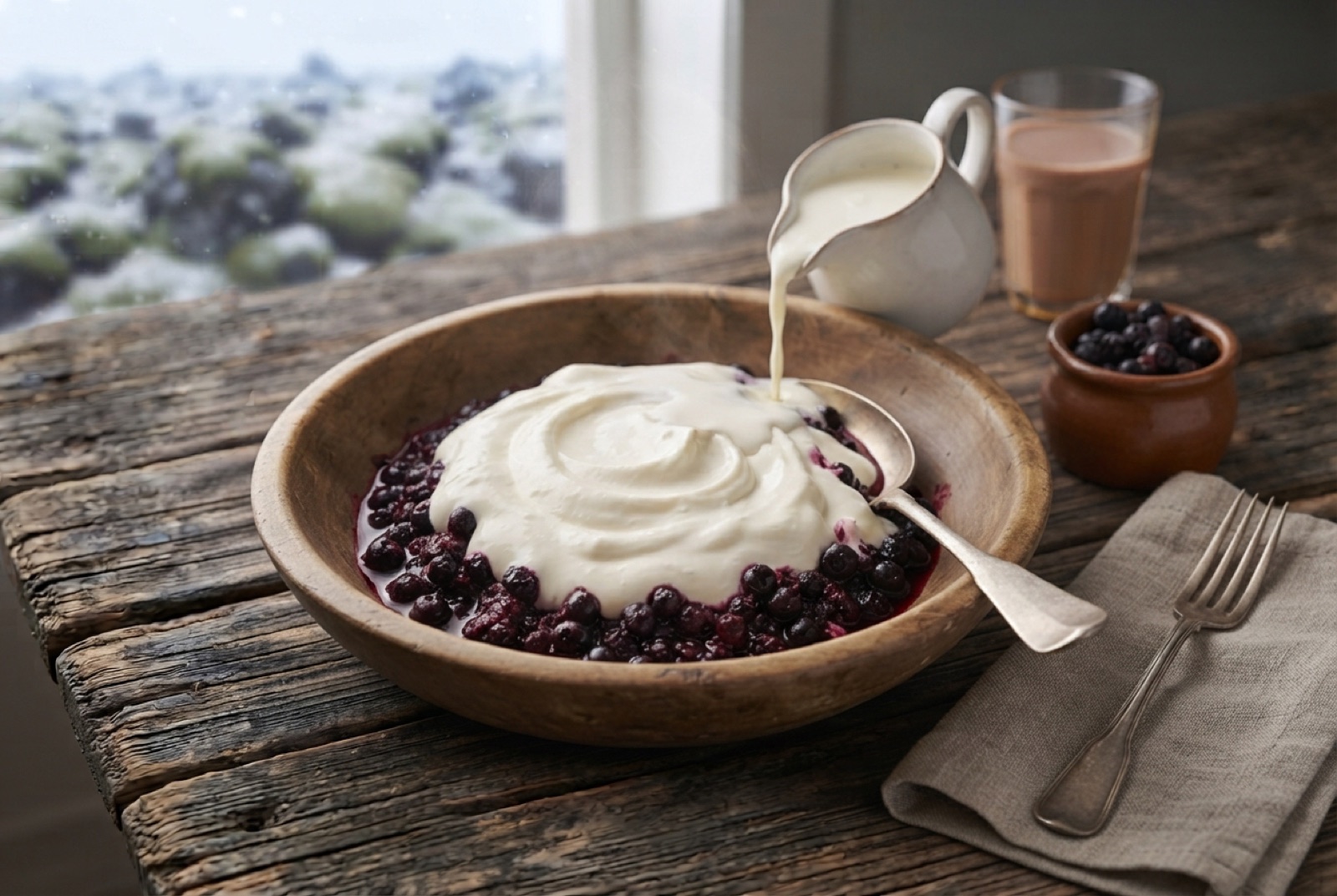 Bowl of thick Icelandic skyr topped with dark wild berries and poured cream