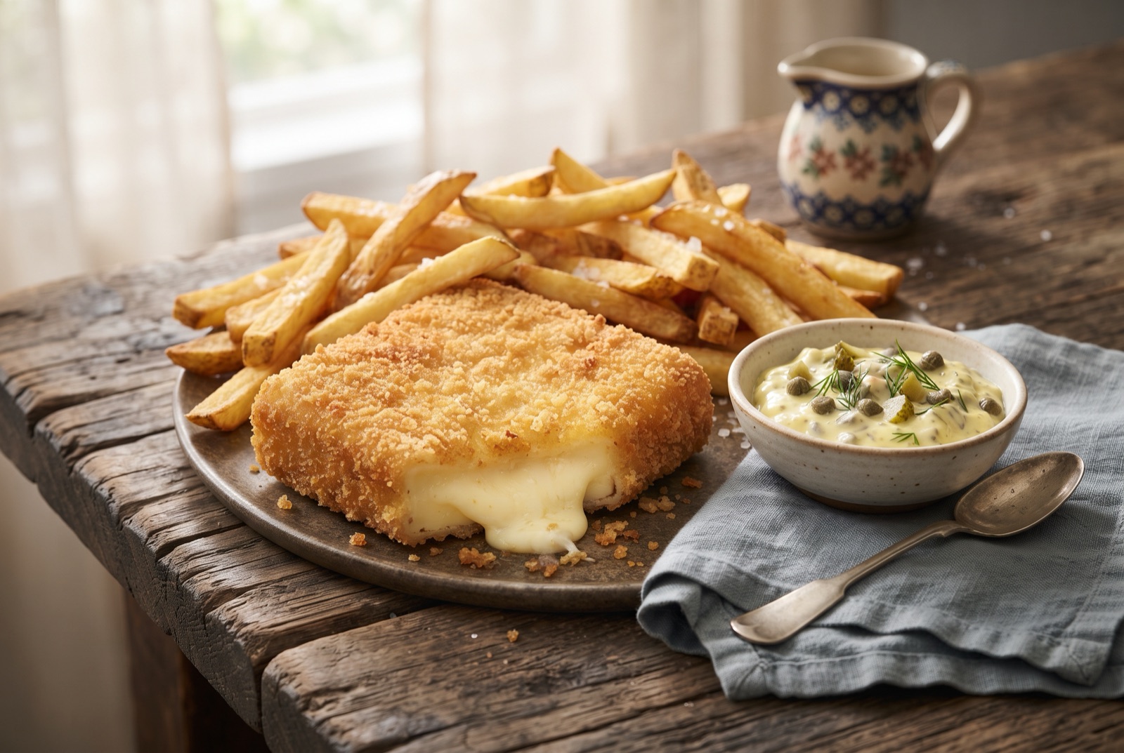 Golden breaded fried cheese cut open with melted centre, served with chips and tartare sauce