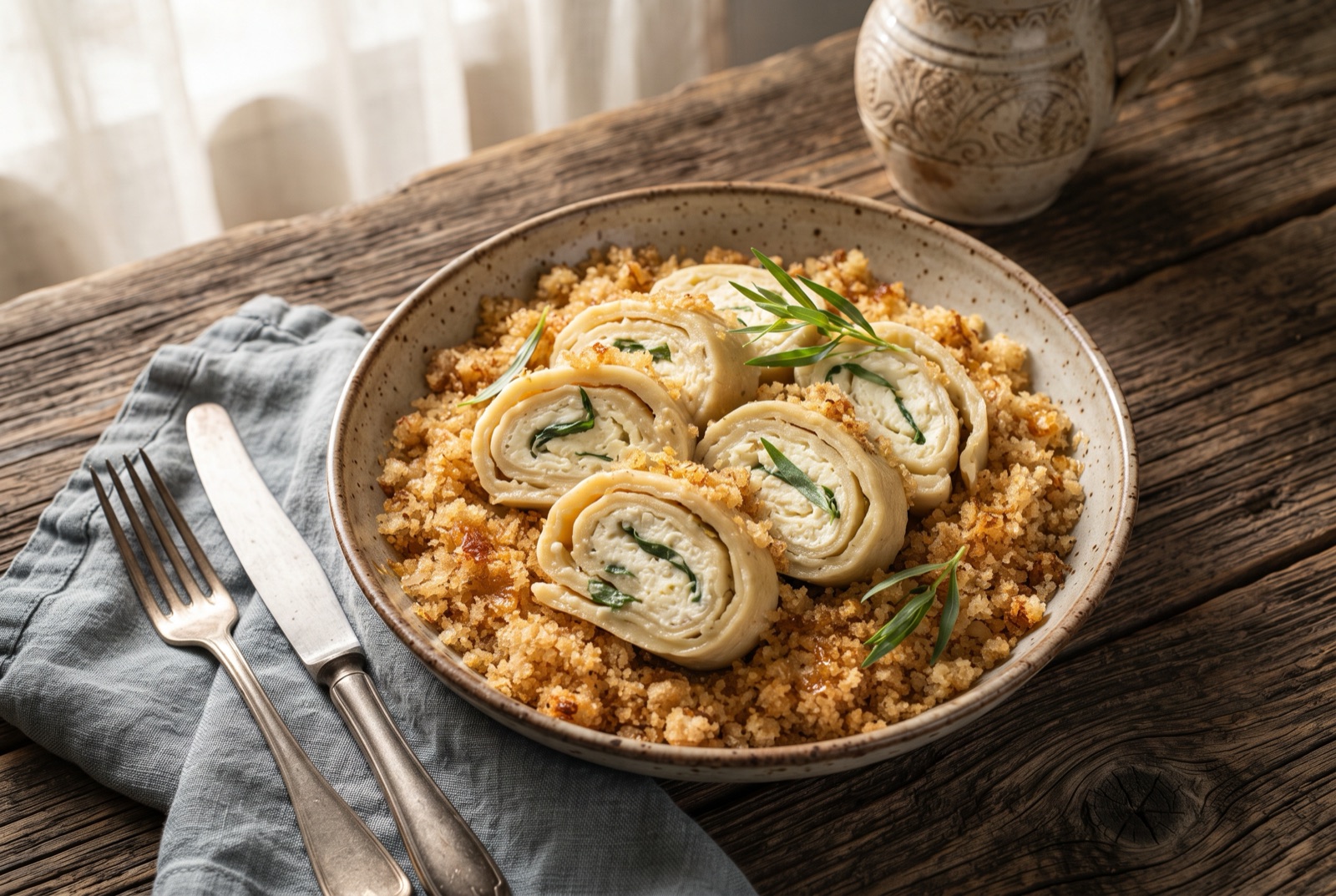 Sliced Slovenian štruklji showing pale spirals of dough and white curd filling under toasted buttered breadcrumbs