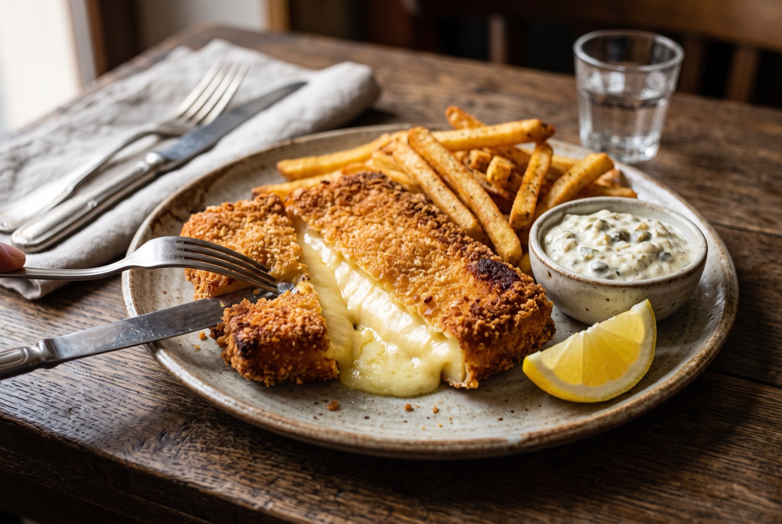Golden breaded slab of fried cheese cut open with molten cheese stretching, beside fries and tartare sauce
