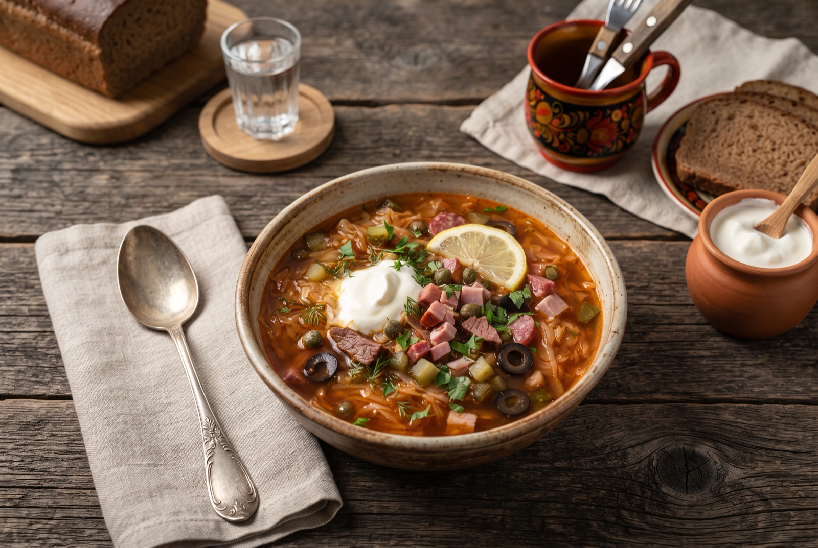 Bowl of Russian solyanka soup with smoked meats, olives, a lemon slice, sour cream and dill