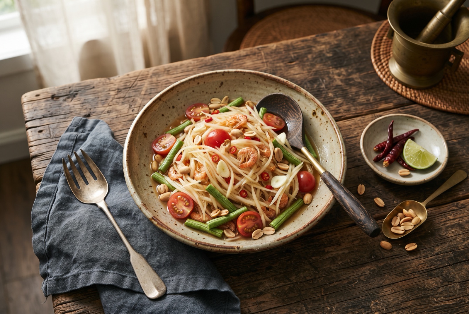 Green papaya salad heaped on a plate with cherry tomatoes, long beans, chilies and crushed peanuts beside a clay mortar