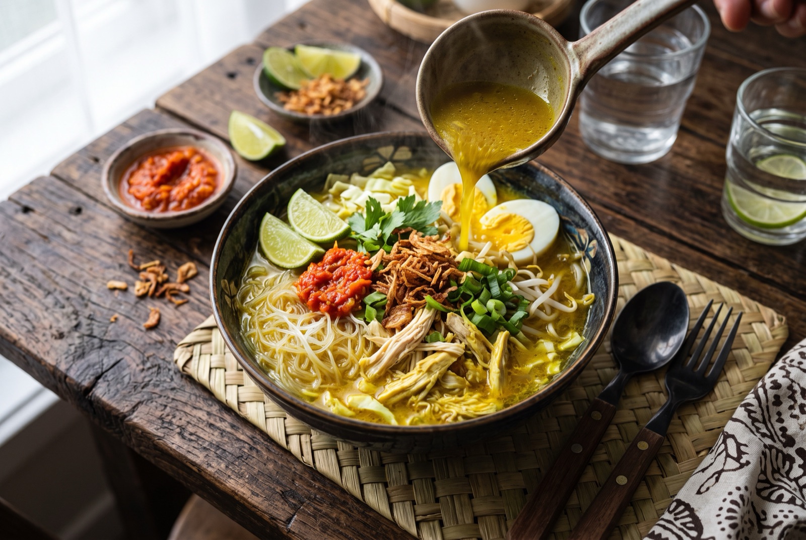 Bowl of golden turmeric chicken broth with glass noodles, shredded chicken, half a boiled egg and fried shallots