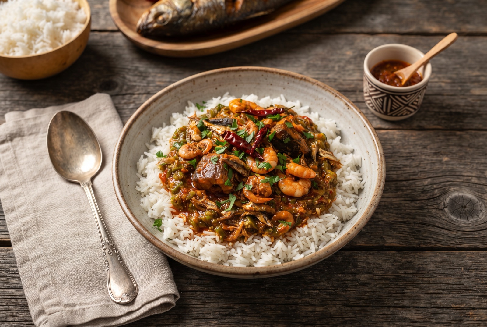 Deep orange okra and palm oil stew with fish pieces and shrimp, ladled over a mound of white rice in a bowl