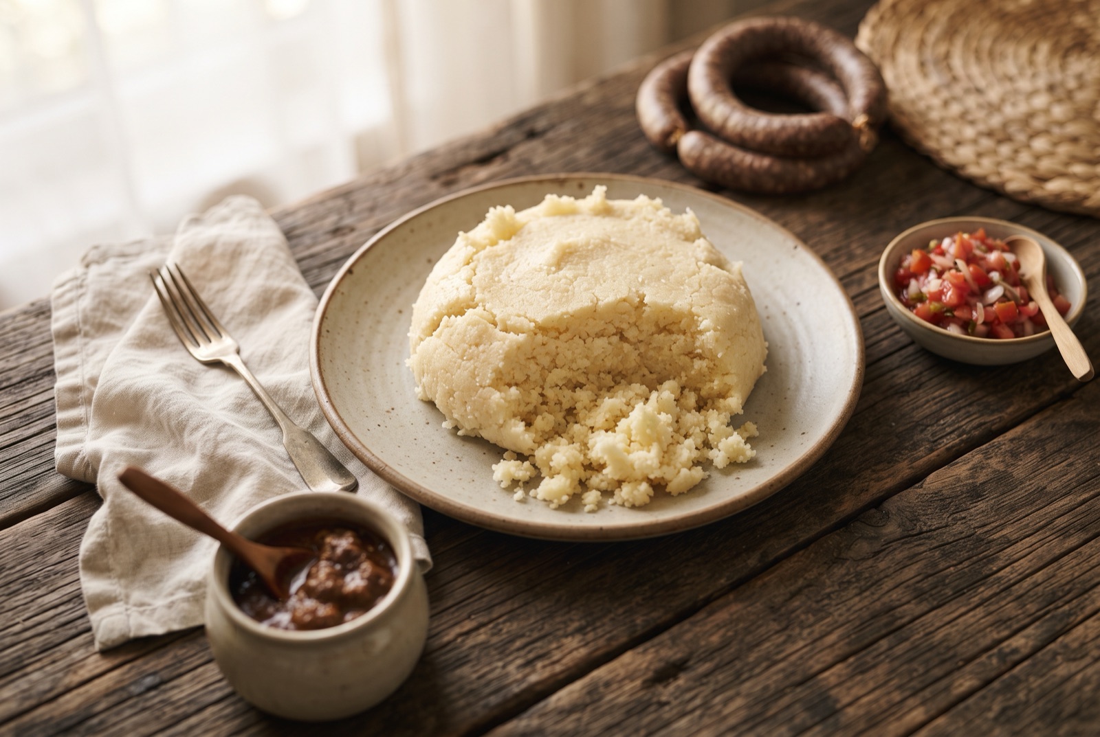 Plate of firm white South African pap sliced into a wedge with dark tomato gravy poured over one side