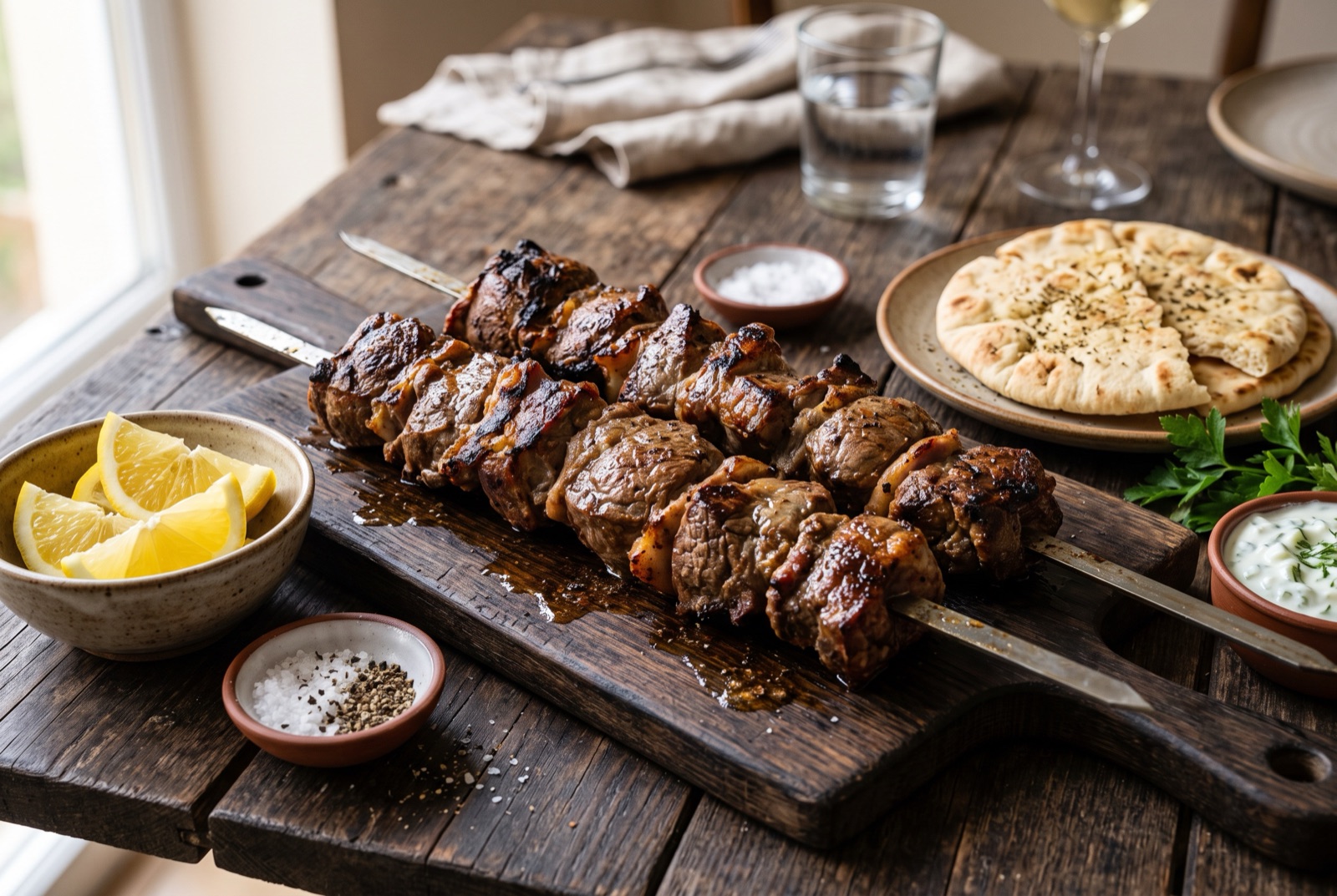 Large chunks of charred lamb souvla on a long skewer over glowing charcoal with lemon wedges alongside