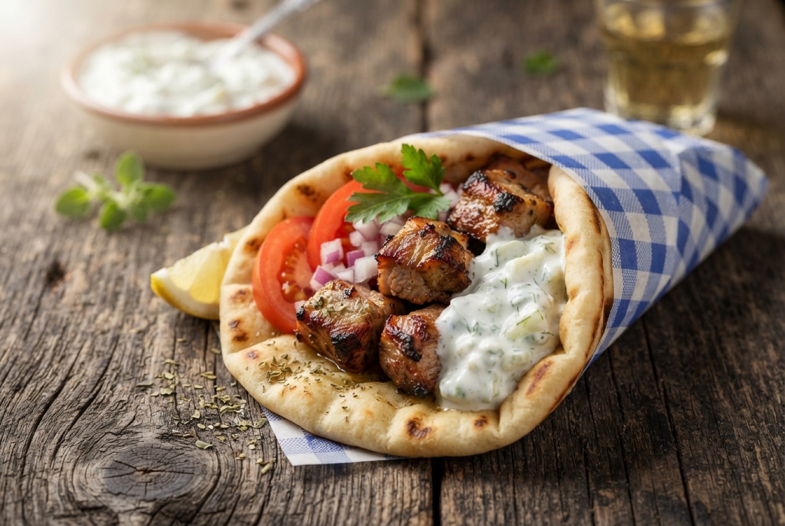 Charred pork souvlaki skewers beside a warm pita filled with tzatziki, tomato and sliced red onion