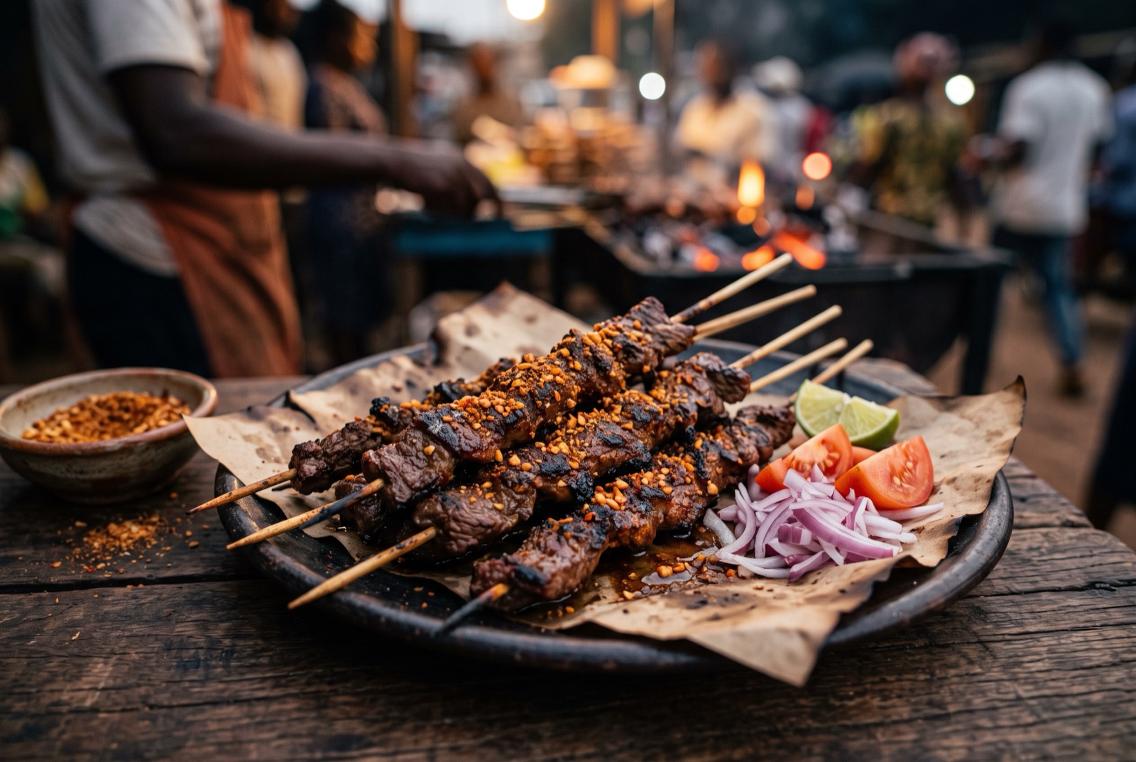 Charred beef soya skewers dusted with red peanut spice, served on a board with raw onion rings and tomato