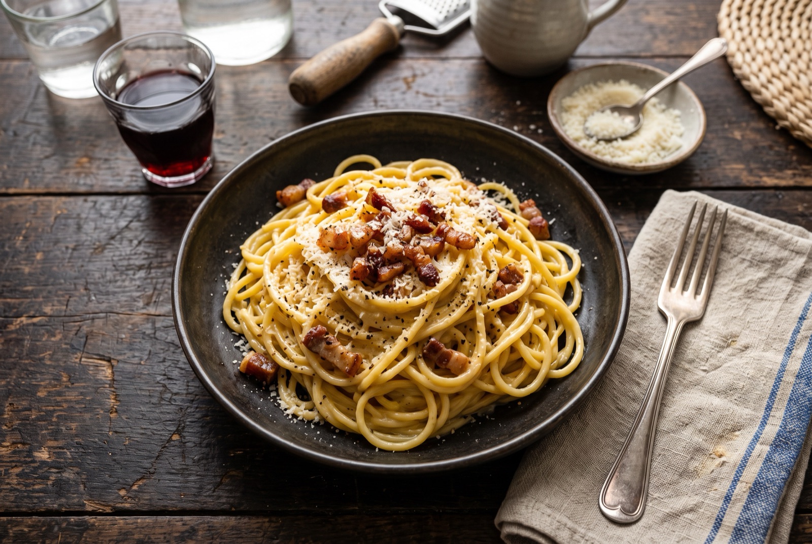 Spaghetti carbonara with glossy egg and pecorino sauce, crisp guanciale and black pepper