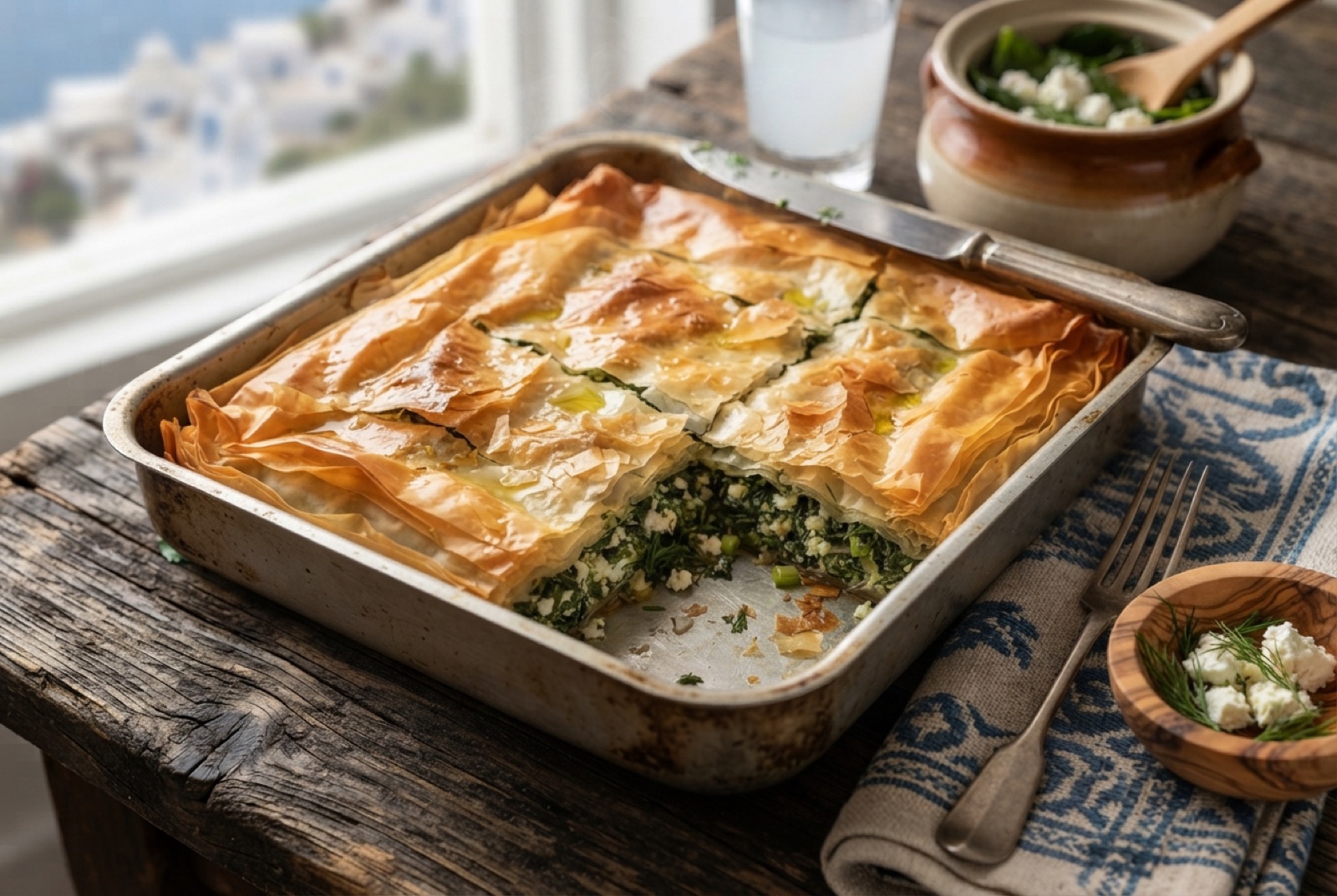A golden spanakopita cut into squares showing layers of crisp filo over green spinach and feta filling