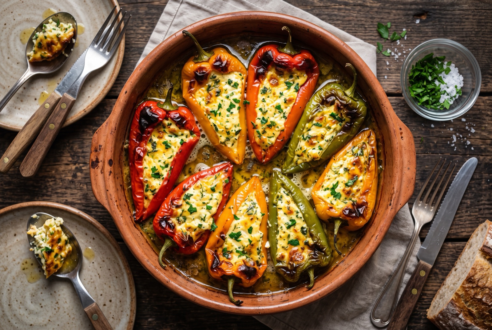 Baked Albanian peppers stuffed with white curd filling, blistered skins glistening in olive oil in a shallow dish