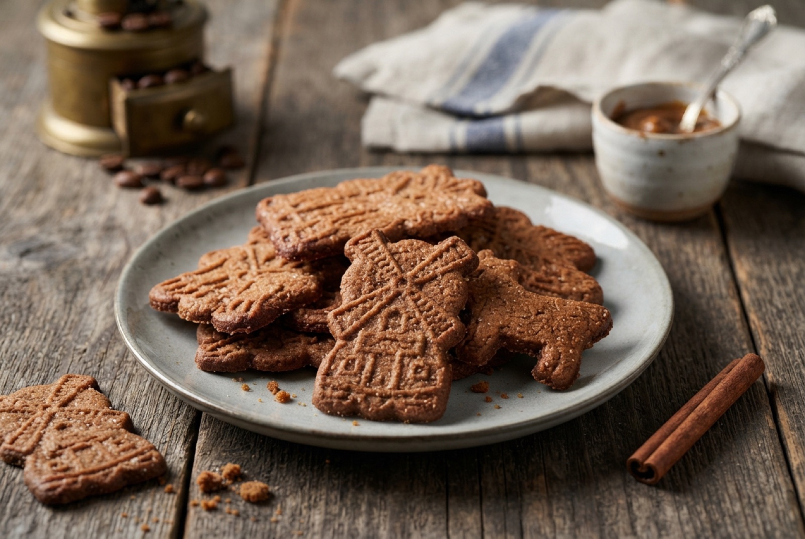 Stack of thin dark speculoos biscuits with moulded patterns beside a cup of black coffee