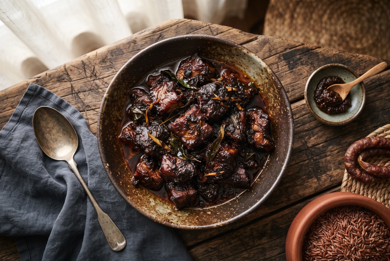 Near-black Sri Lankan pork curry in a clay pot, glossy cubes coated in dark gravy with curry leaves on top