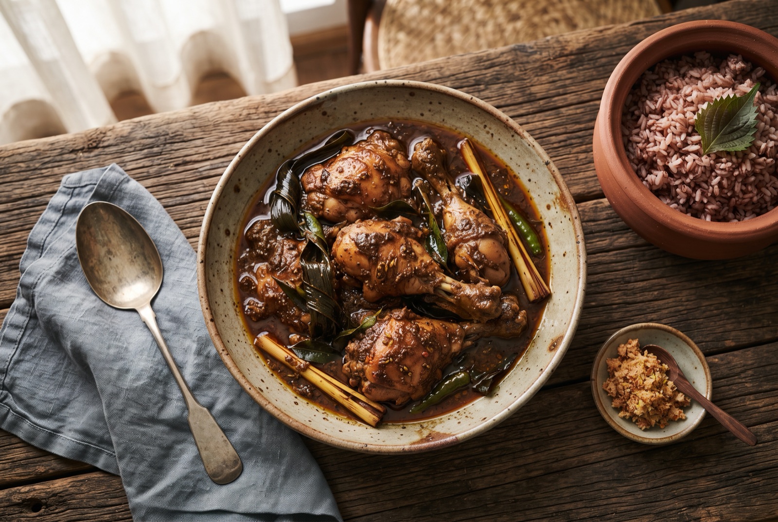 Dark brown Sri Lankan chicken curry in a clay pot with curry leaves, pandan and a swirl of coconut milk