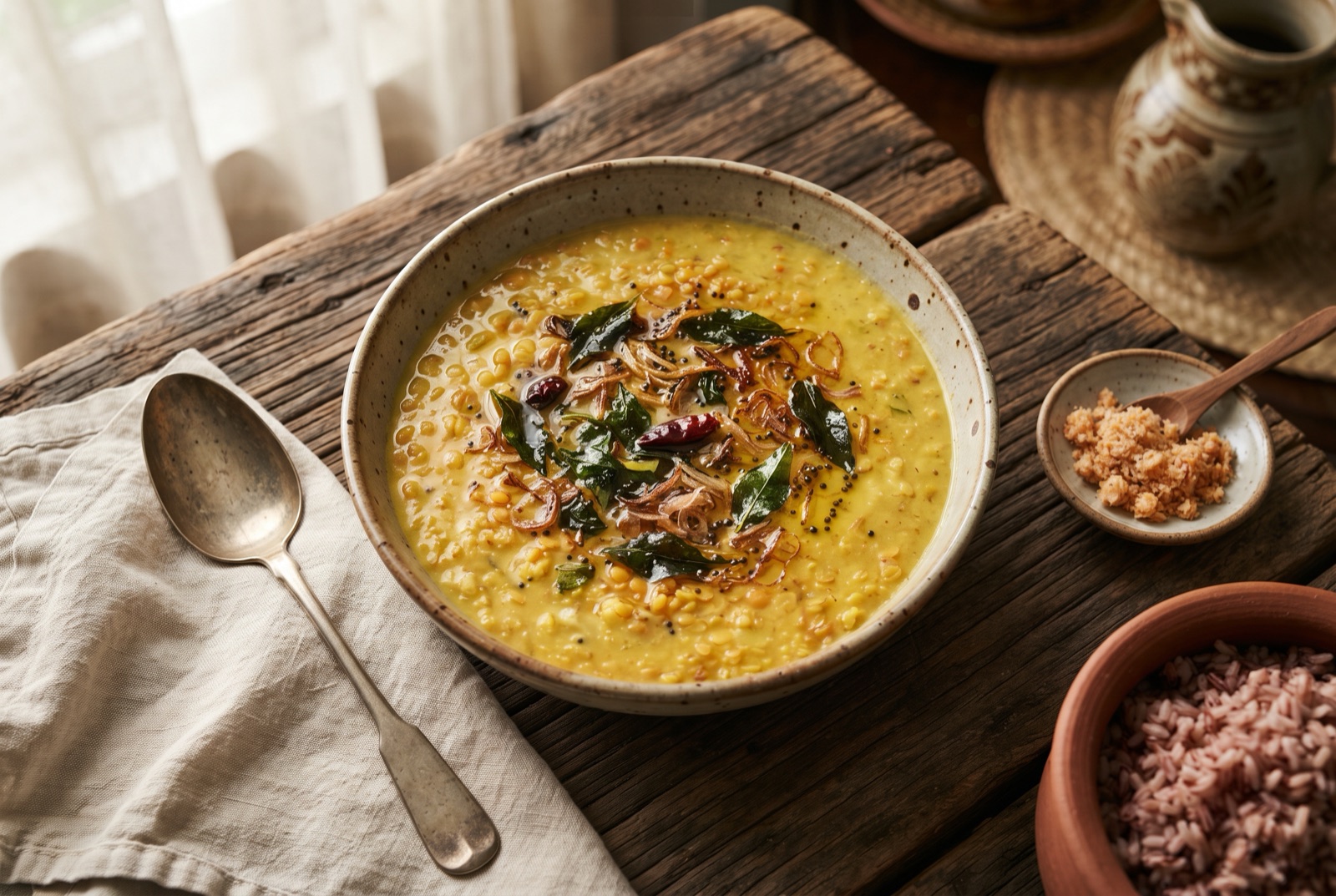 Bowl of creamy golden Sri Lankan red lentil curry topped with fried curry leaves, browned shallots and dried red chiles