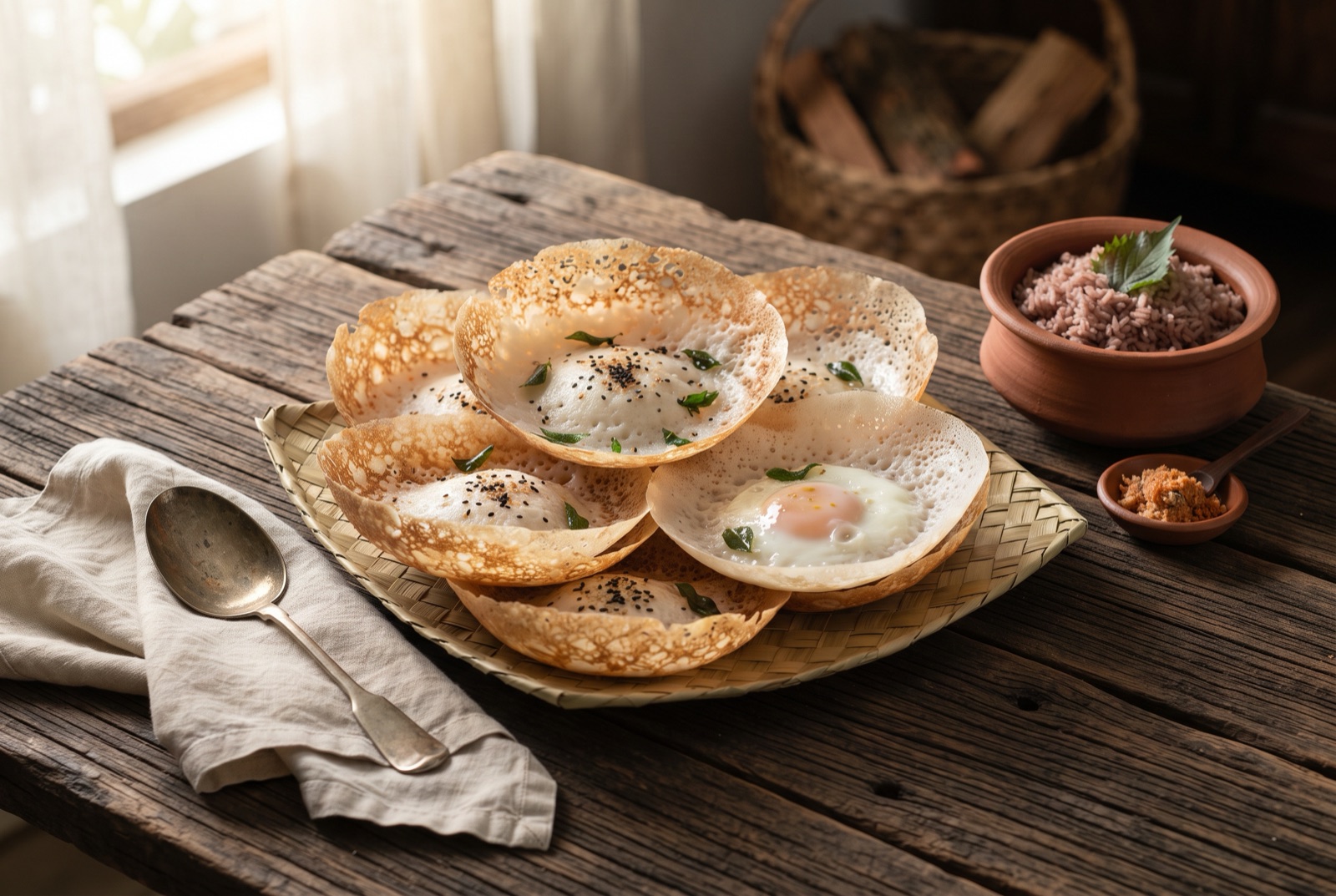Bowl-shaped Sri Lankan egg hopper with a lacy crisp golden rim and a soft set egg in the centre