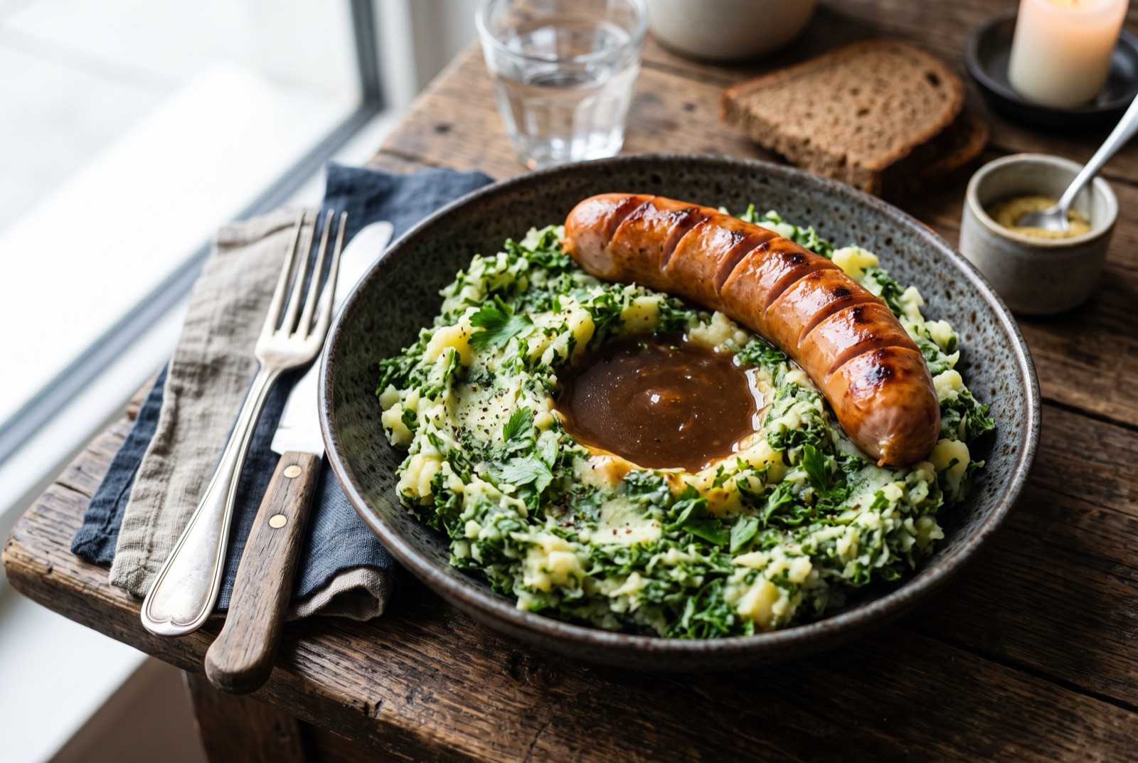 Plate of green-flecked kale and potato mash with a well of gravy and slices of smoked sausage