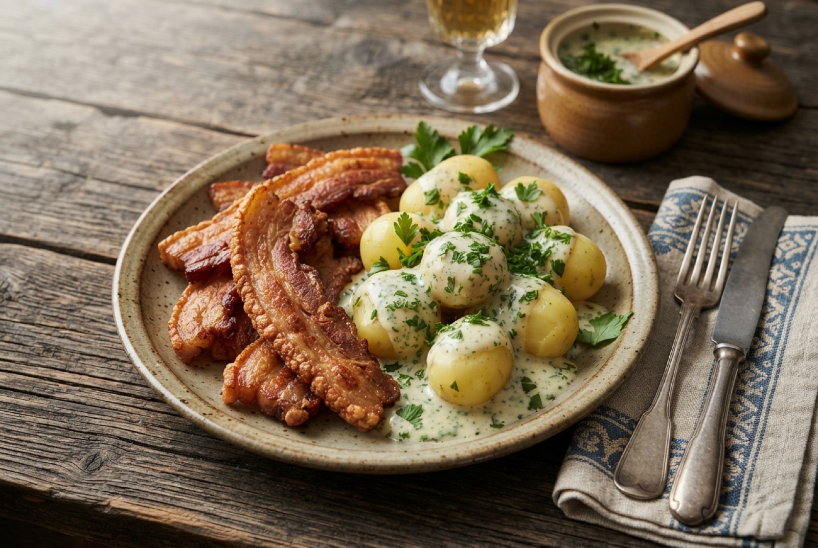 Crisp golden slices of Danish pork belly beside boiled potatoes covered in green parsley sauce