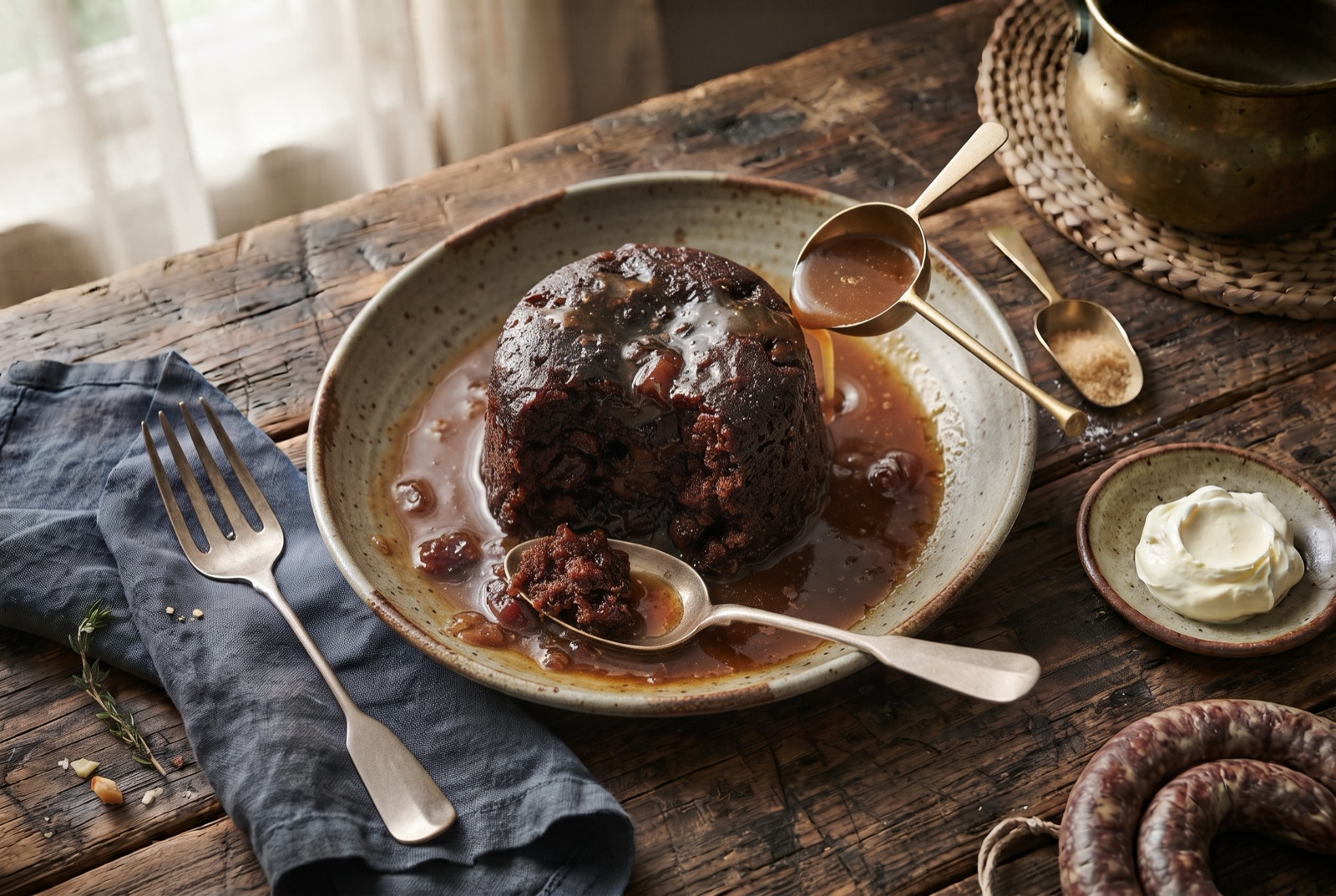 Dark date sponge square with hot toffee sauce running down the sides and a pool of cream