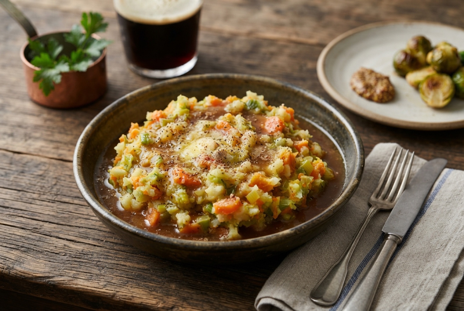 Bowl of coarse Belgian stoemp mash flecked with orange carrot and green leek, melting butter on top