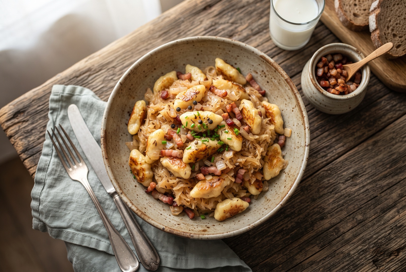 Pan of Slovak strapačky — ragged potato dumplings tossed with braised sauerkraut, onion and crisp bacon
