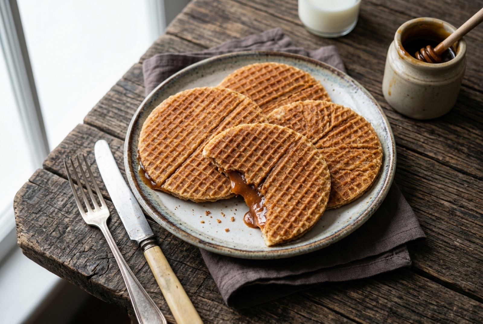 Stack of thin Dutch waffle cookies, one pulled apart to show the stretch of dark caramel syrup inside