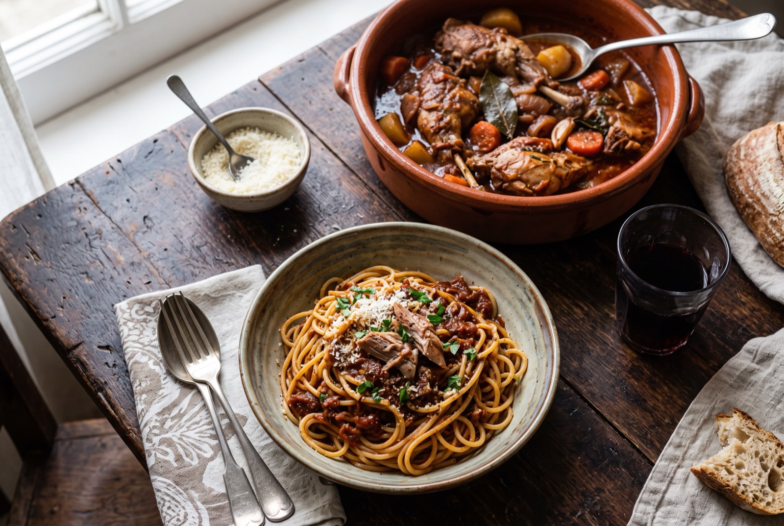 Maltese rabbit stew in a heavy pot, dark red wine sauce with potato chunks, carrots and bay leaves