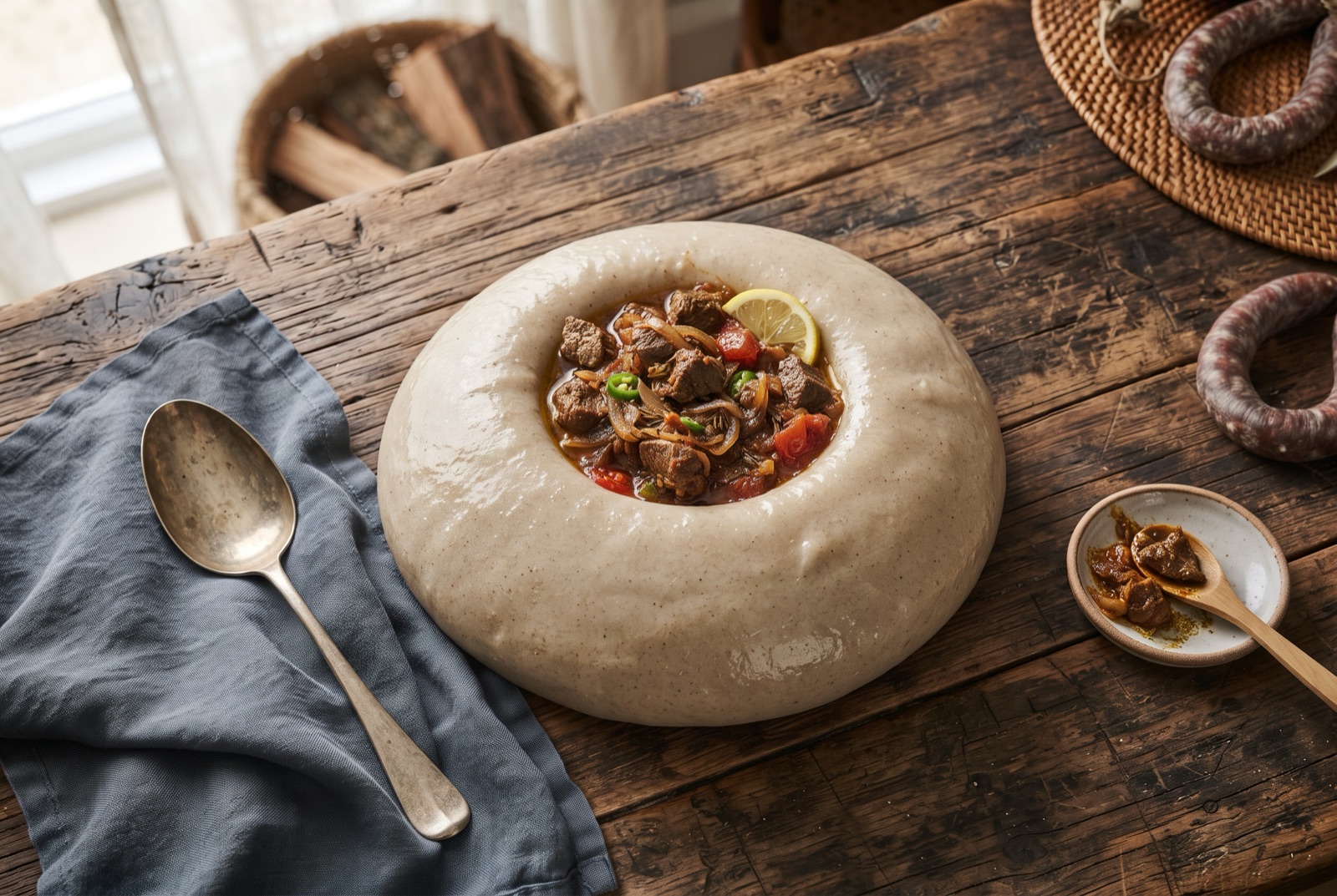 Smooth pale mound of Sudanese asida on a round tray with a well of dark okra stew in the top