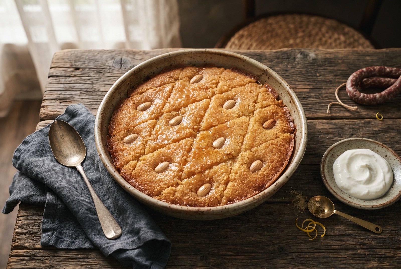 Golden semolina cake cut into diamonds in a tin, each piece topped with a peanut and glossy with syrup