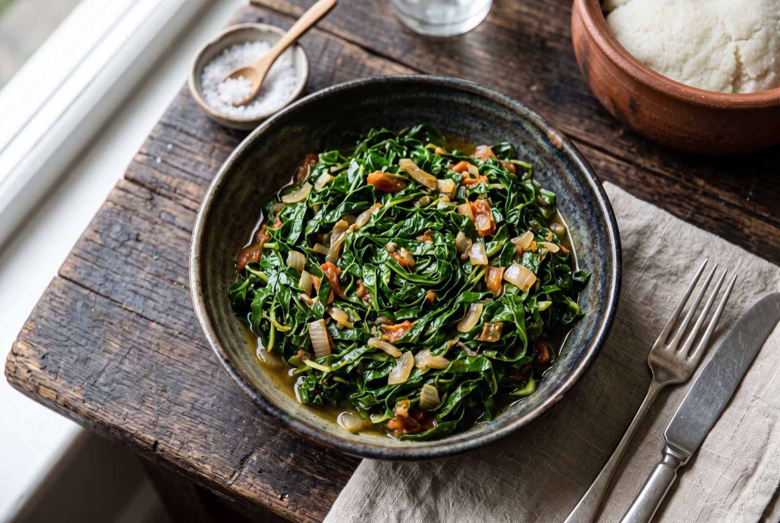 Pan of shredded dark green collard greens braised with onion and tomato, served beside white ugali