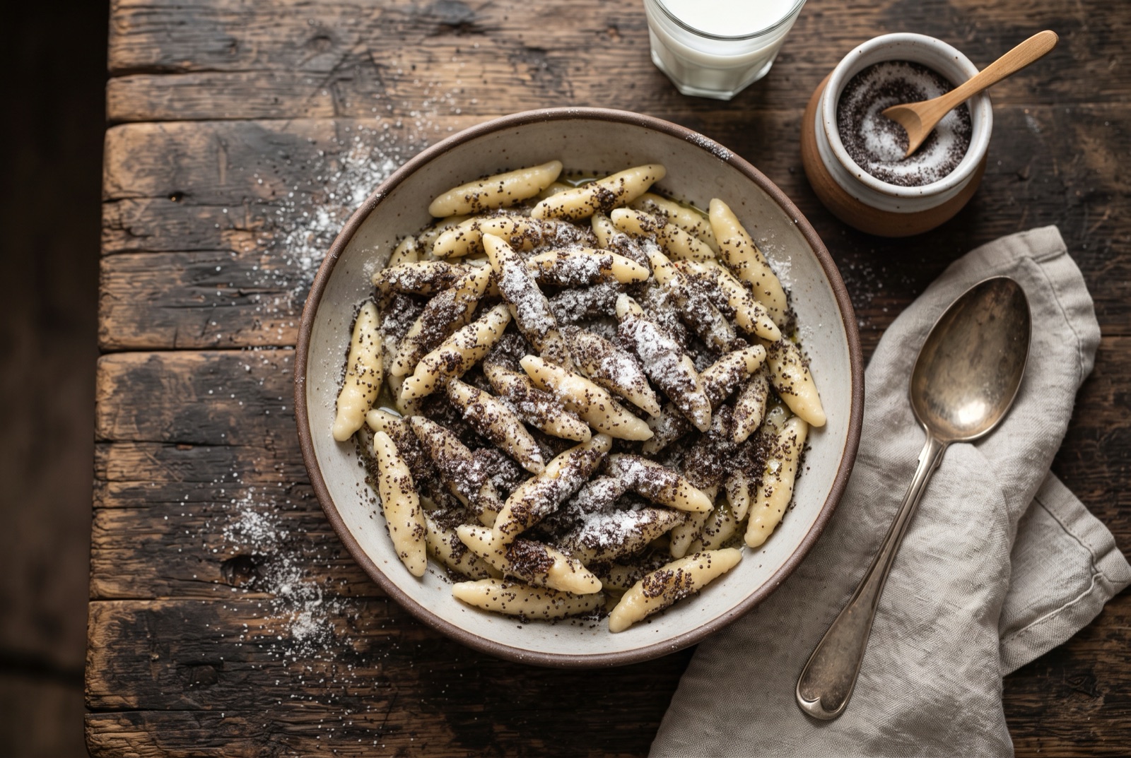 Plate of buttered Slovak potato rolls covered in dark ground poppy seed and dusted with icing sugar