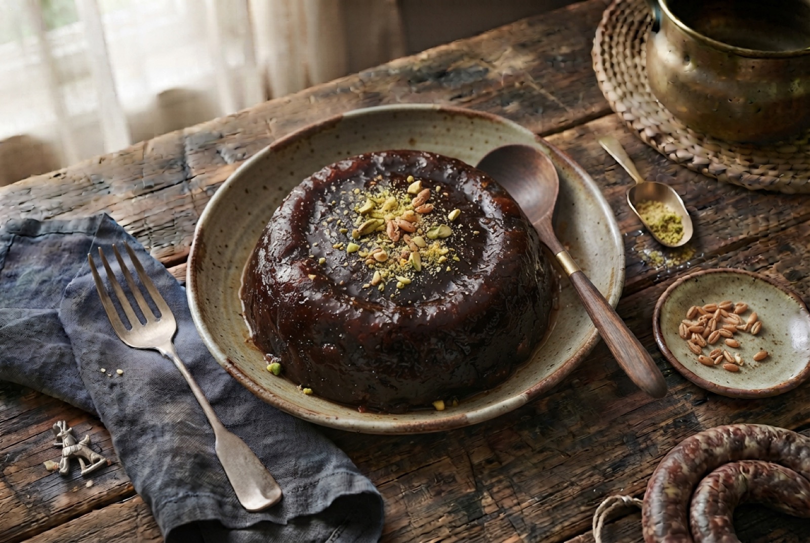 Small bowls of dark glossy sumalak, a thick brown sprouted-wheat pudding, dusted with flour for Navruz