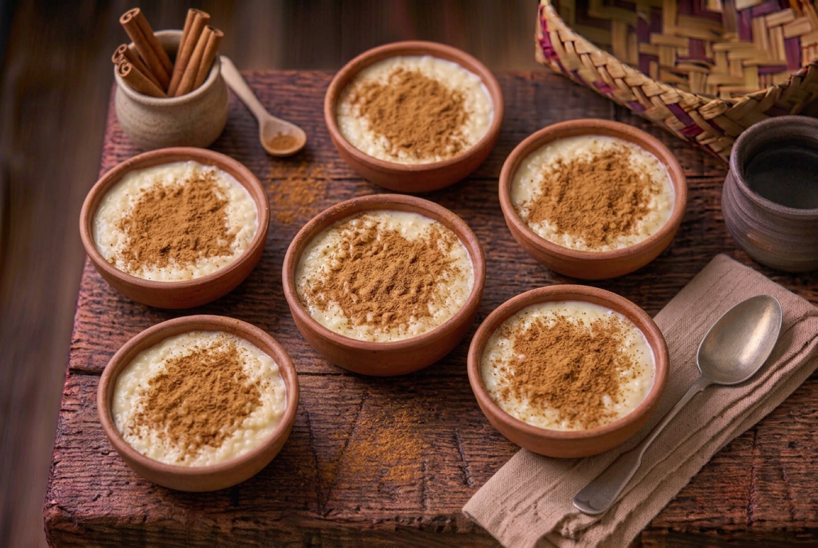 Small glass bowls of chilled white rice pudding dusted with dark stripes of ground cinnamon