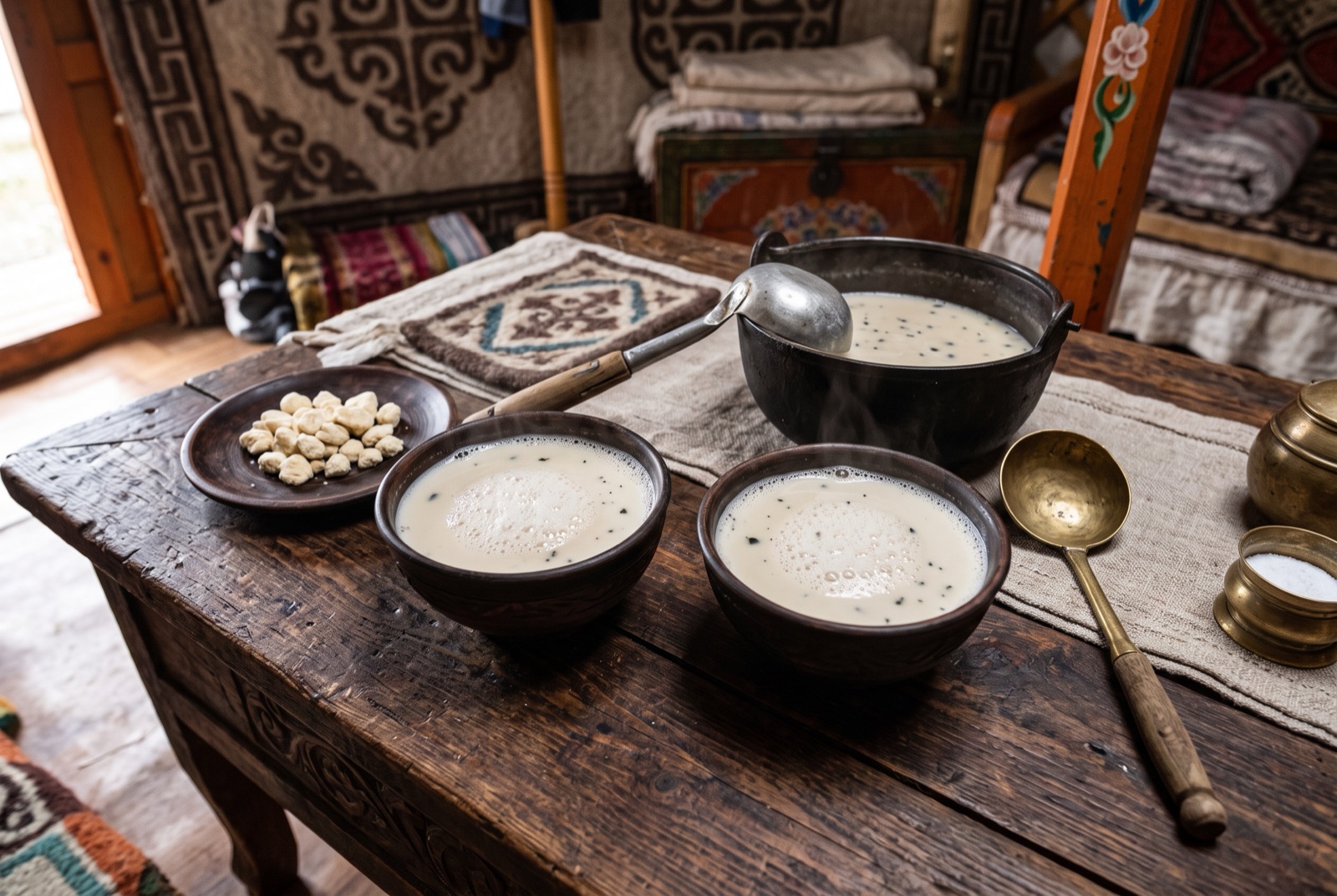 Bowl of Mongolian suutei tsai salted milk tea, pale beige with a light foam, beside a shaved block of brick tea