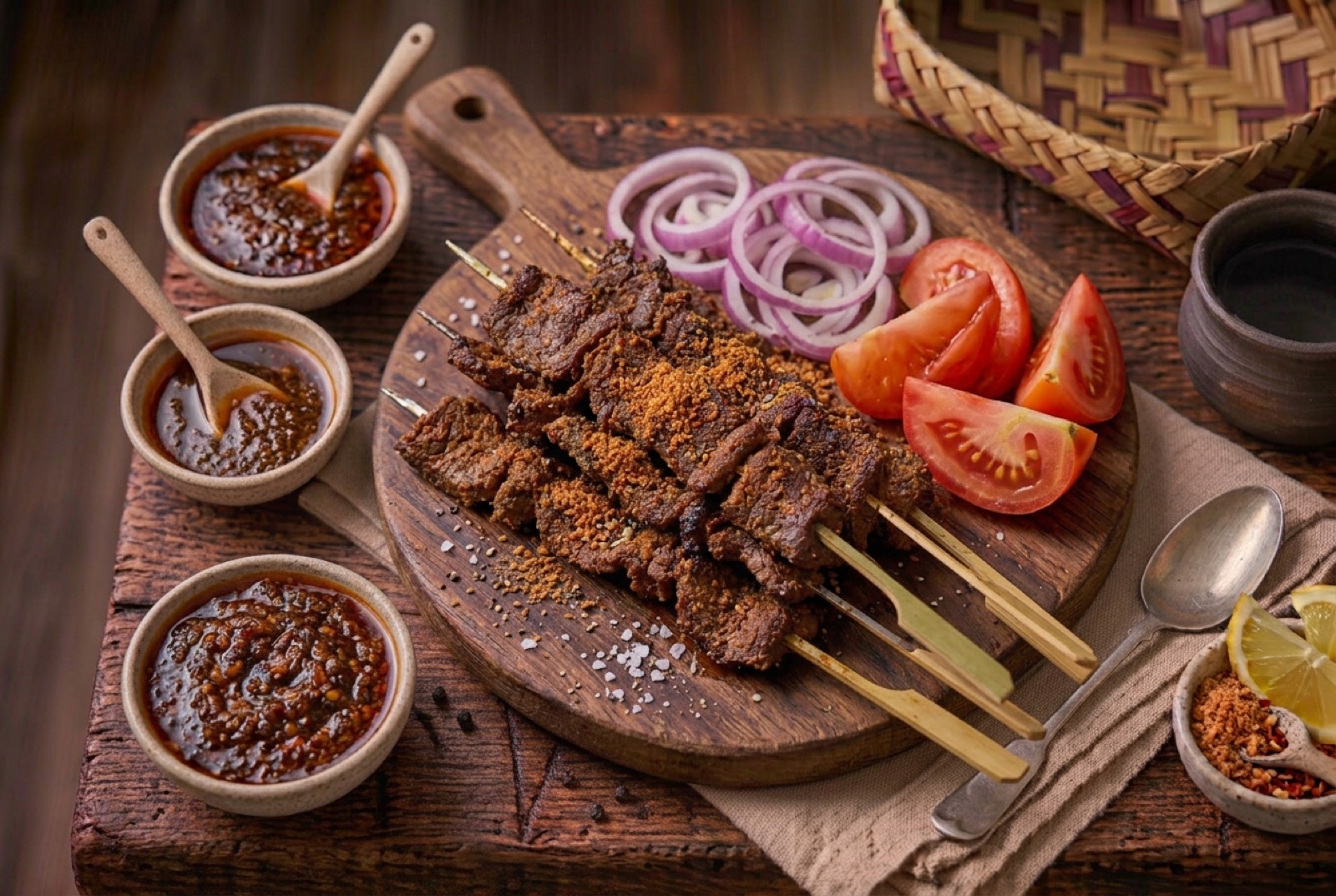 Charred beef suya skewers dusted with red peanut spice, served with raw onion rings and tomato slices