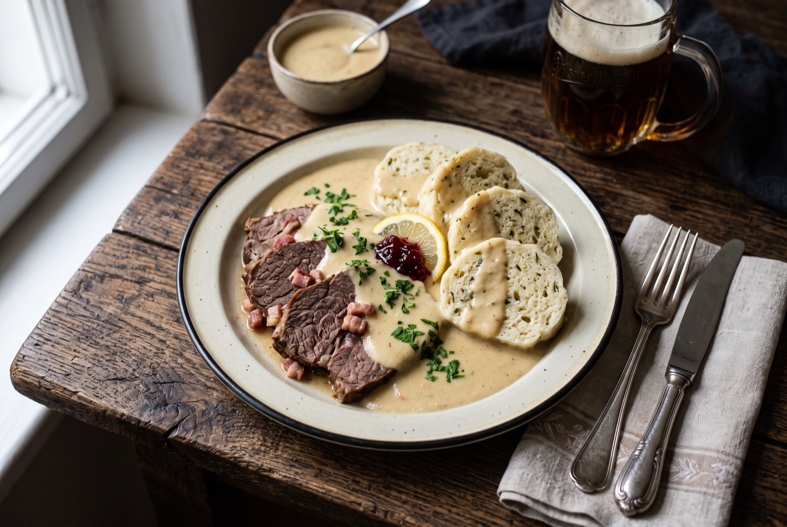 Sliced braised beef under pale orange root vegetable cream sauce with bread dumplings, cranberry compote and whipped cream