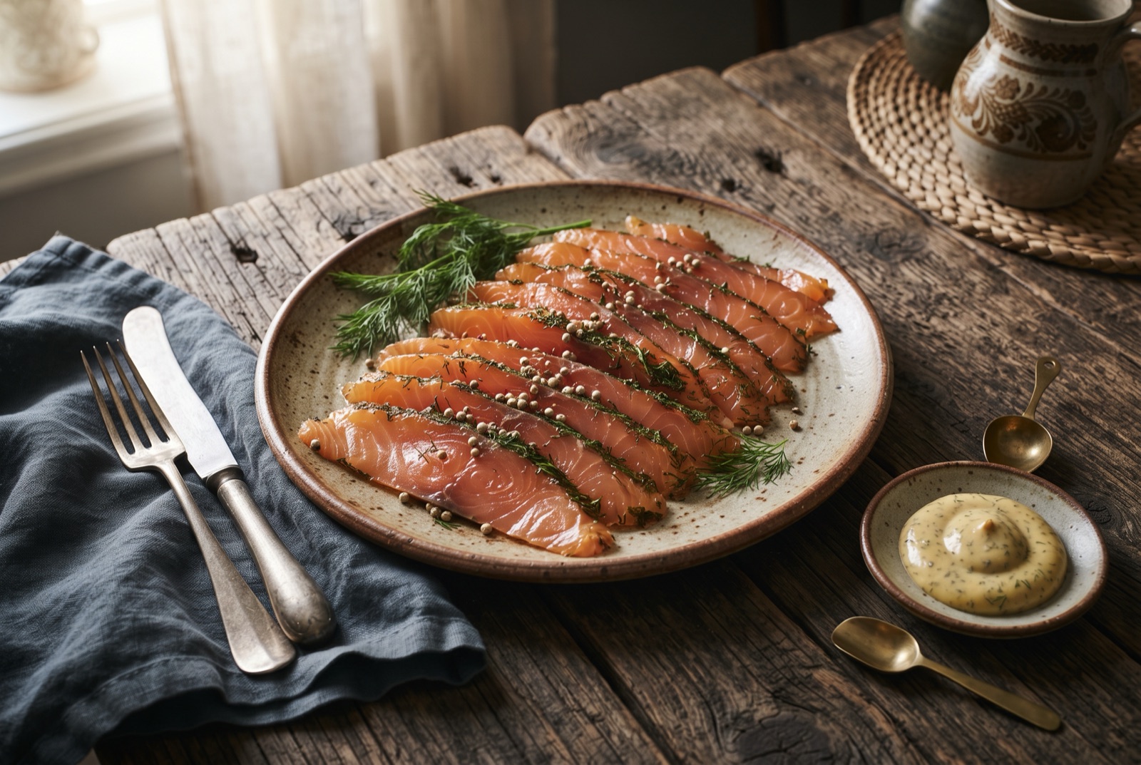Thin slices of dill-cured gravlax salmon fanned on a platter with mustard dill sauce and lemon