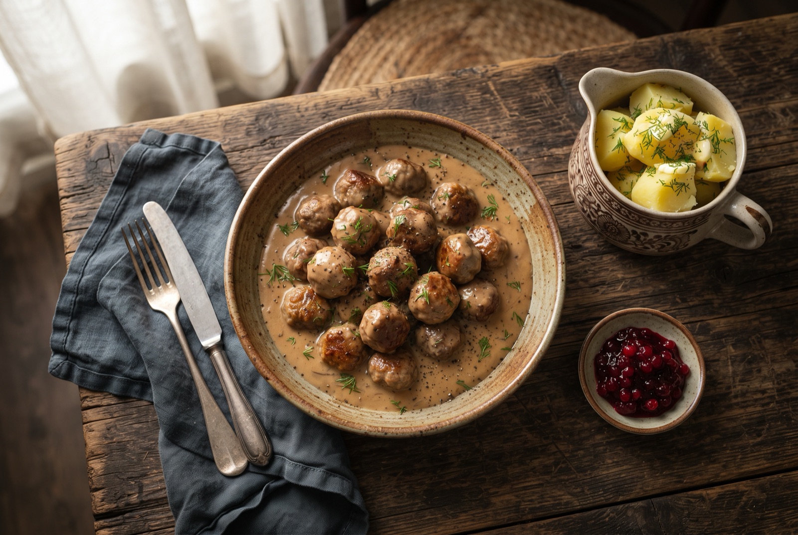 Swedish köttbullar in pale cream gravy with riced potatoes and a spoonful of red lingonberry jam
