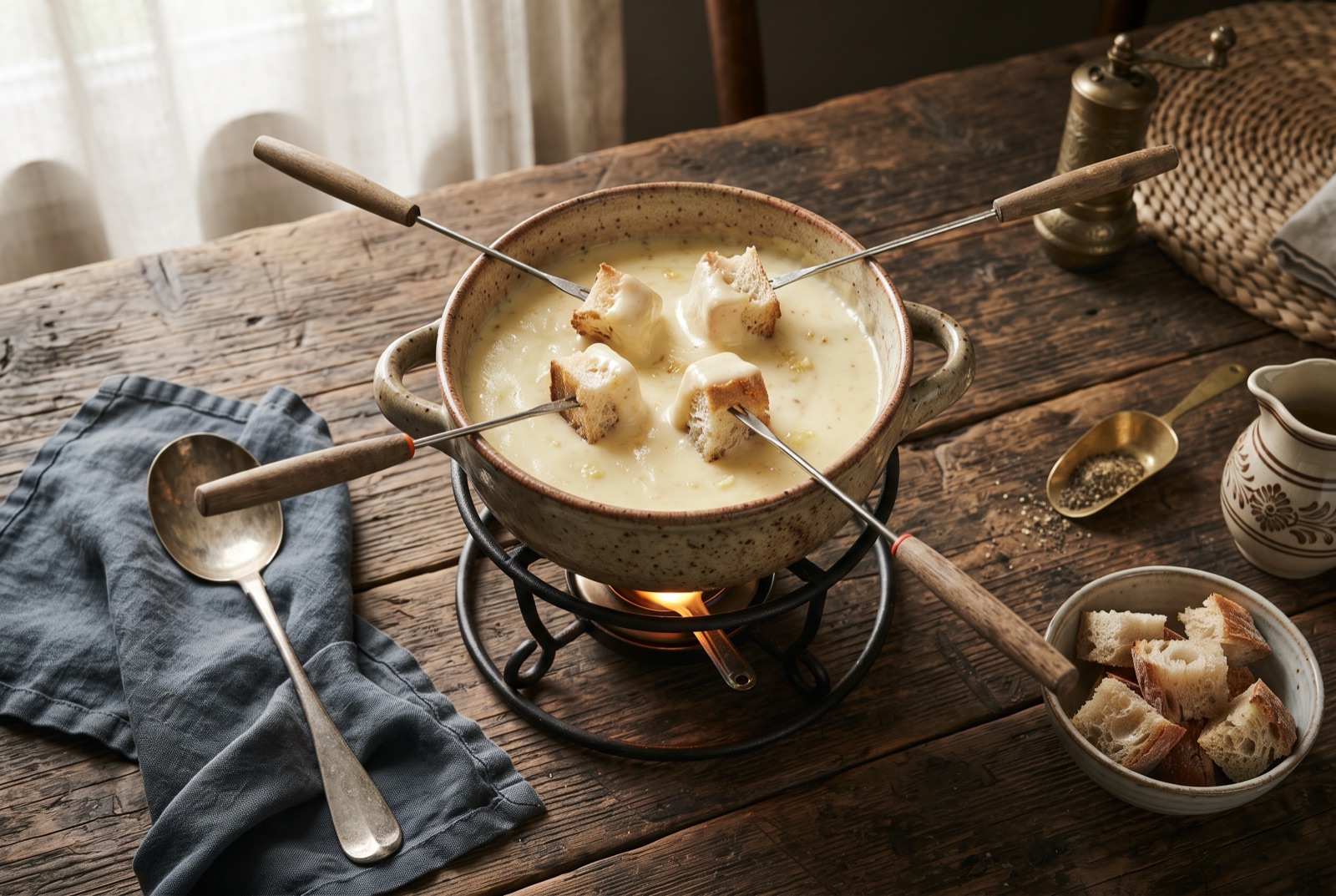 Earthenware caquelon of molten Swiss cheese fondue with long forks and cubes of crusty bread