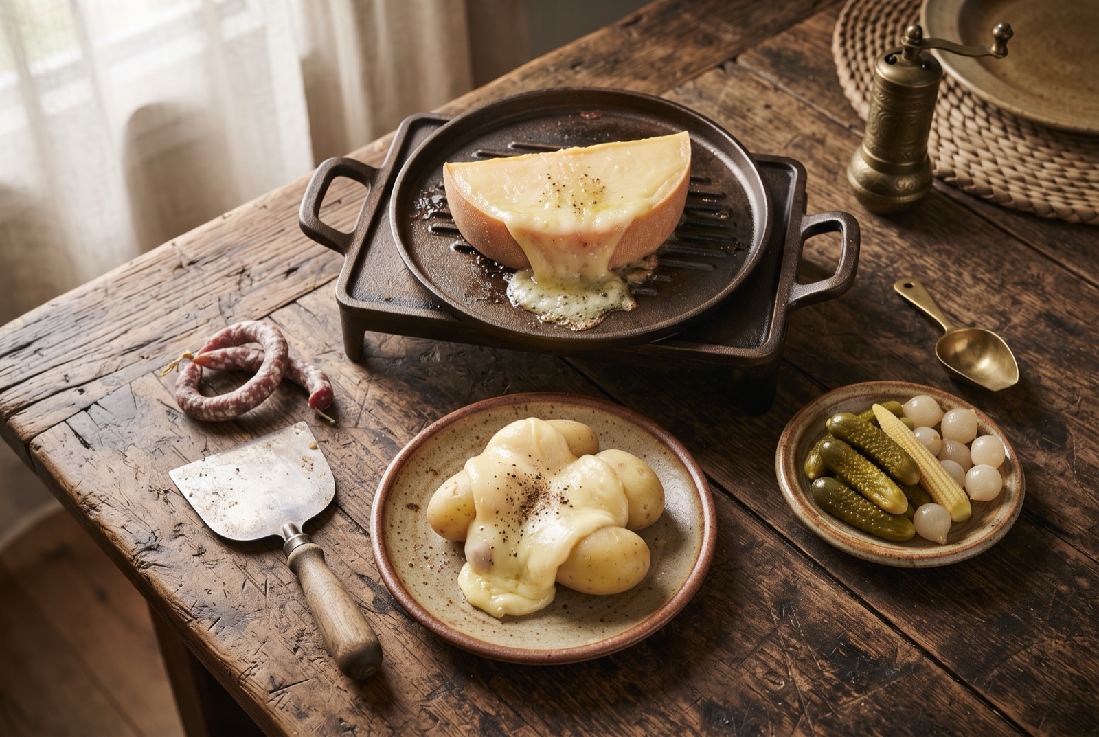Molten raclette cheese being scraped from a half-wheel over hot boiled potatoes and cornichons