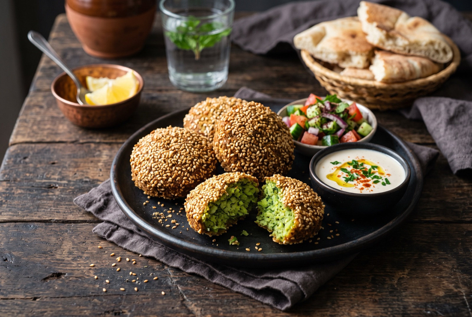 Sesame-crusted fava bean falafel discs piled on paper, one broken open to show a bright green herb-flecked centre