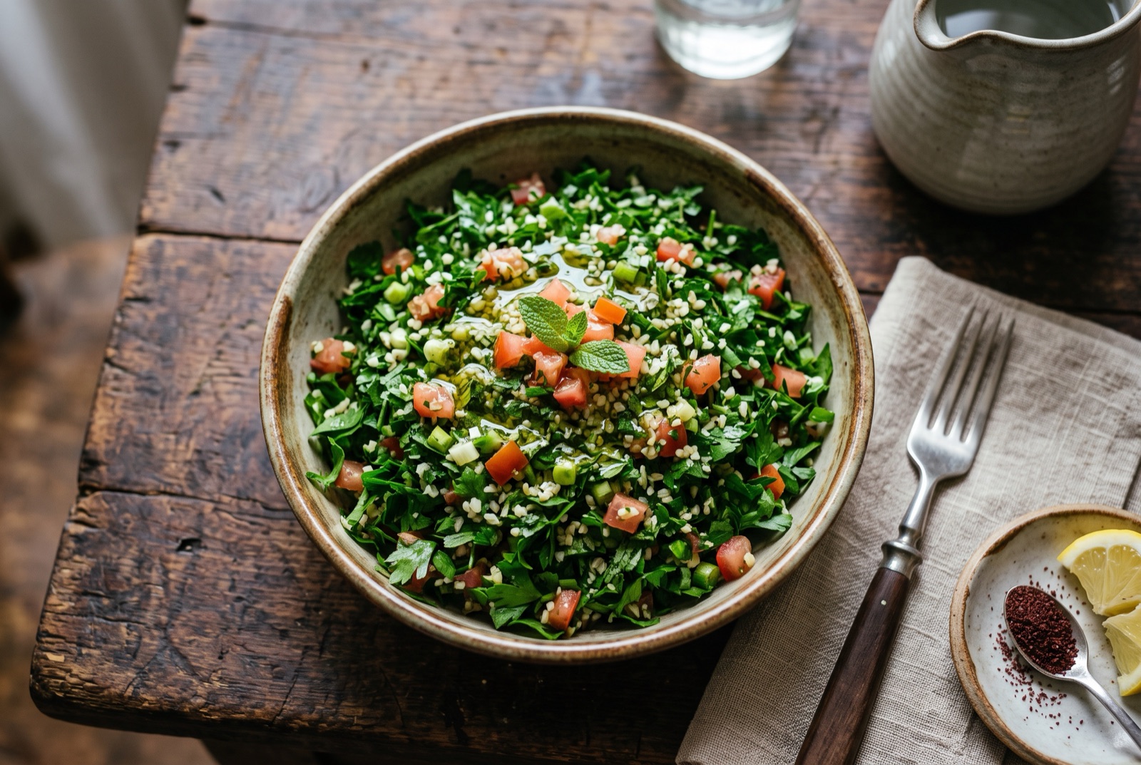 A green Lebanese tabbouleh of finely chopped parsley, mint and tomato flecked with fine bulgur