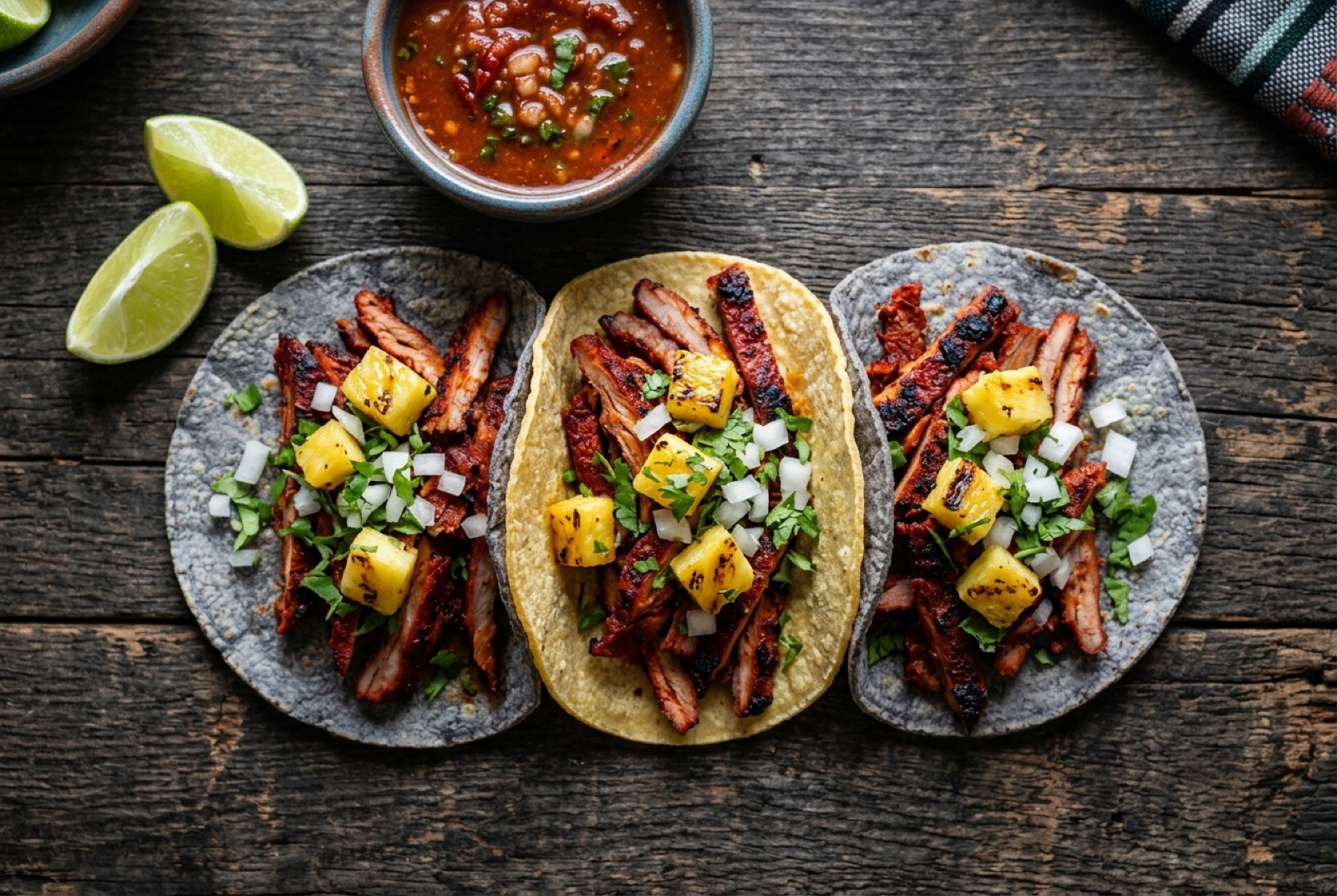 Three tacos al pastor on corn tortillas topped with charred pineapple, onion and cilantro