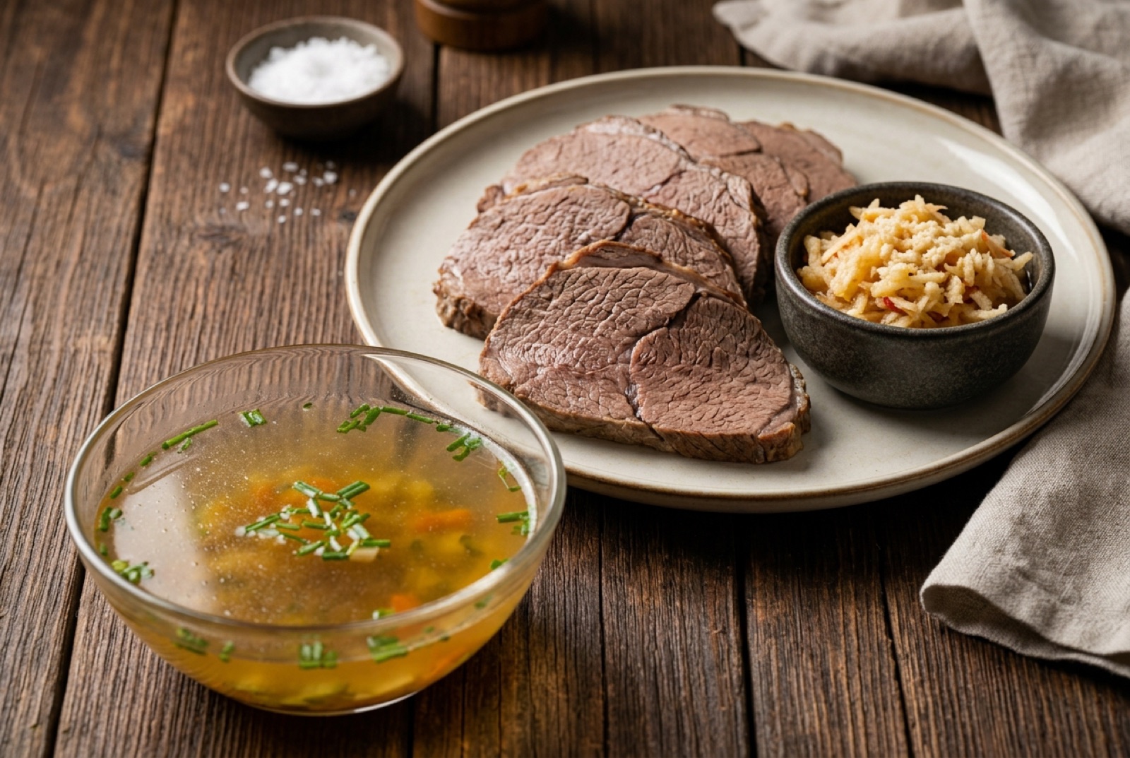 Sliced Tafelspitz boiled beef on a platter with broth, roast potatoes and apple-horseradish sauce