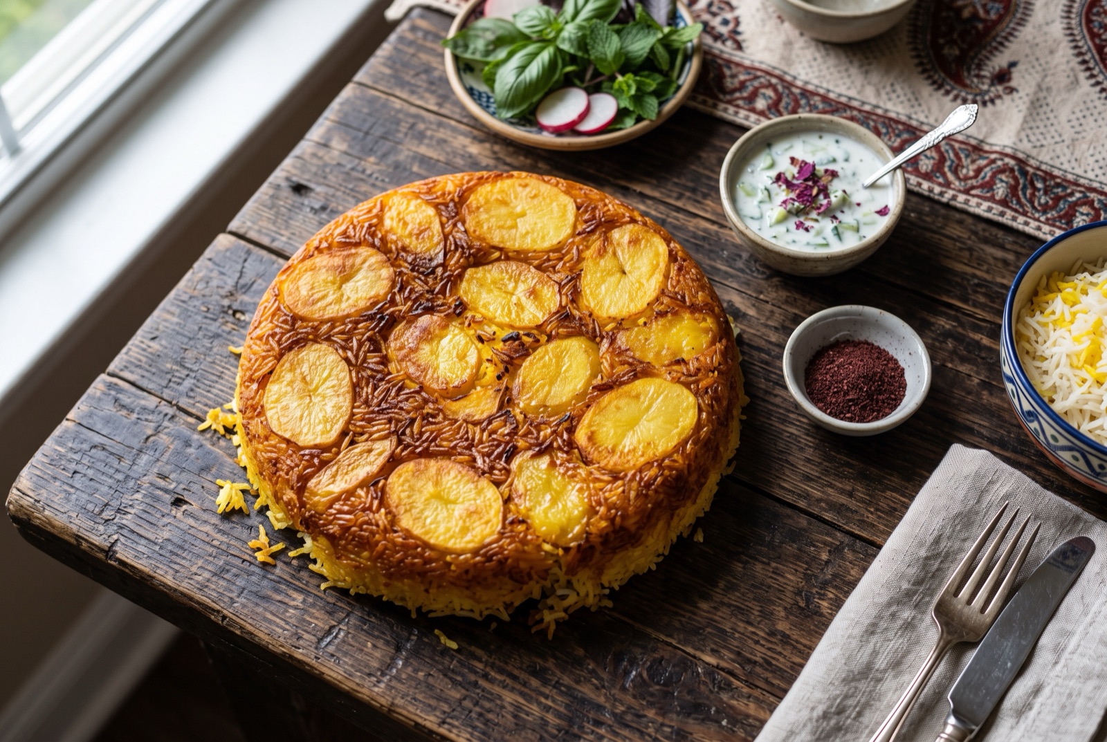 Golden Persian tahdig rice crust turned out whole onto a plate, cracked open to show crisp saffron-stained rice