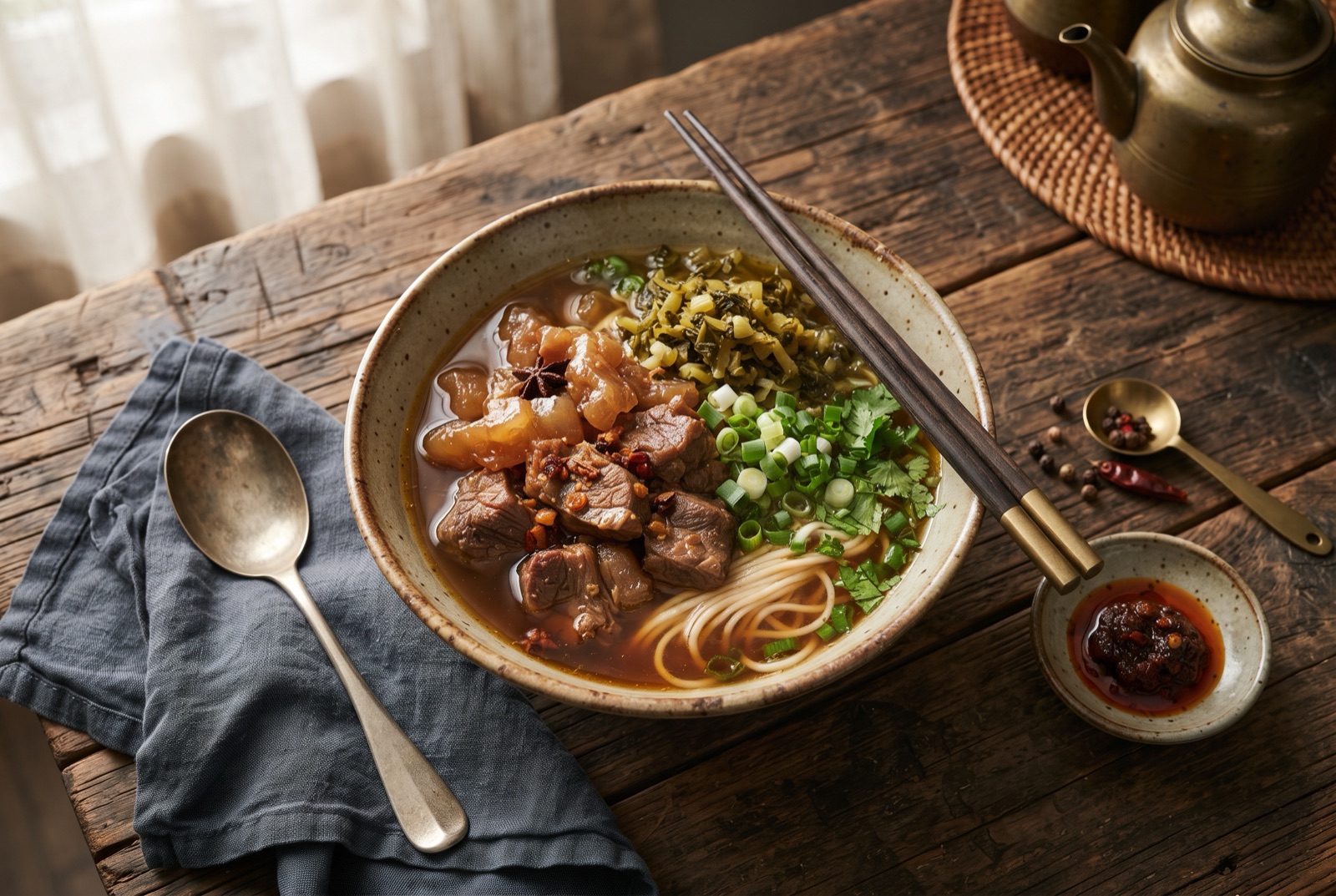 Deep bowl of Taiwanese beef noodle soup with braised shank, wheat noodles, bok choy and pickled mustard greens in dark red broth