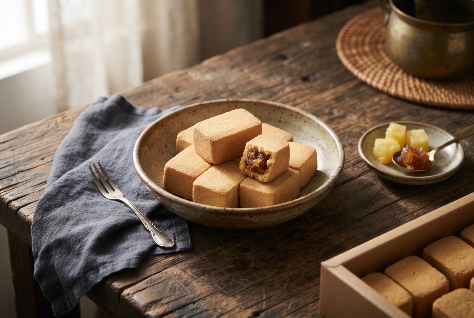 Square Taiwanese pineapple cakes on a plate, one broken open to show the dense amber pineapple jam inside the crumbly pastry