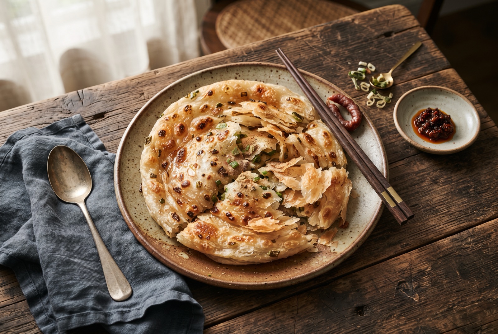 A crushed Taiwanese scallion pancake pulled open into shaggy golden flakes with spring onion showing through the layers