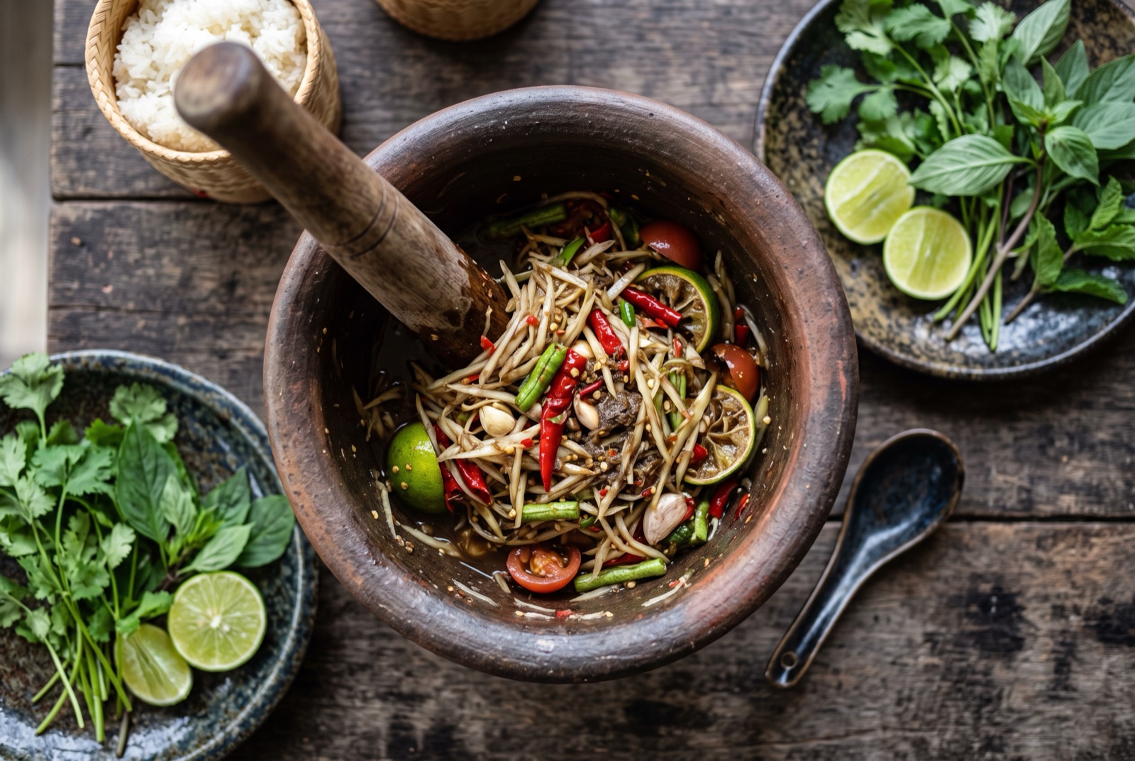 Lao green papaya salad piled on a plate with tomato wedges, long beans and red chiles beside a clay mortar
